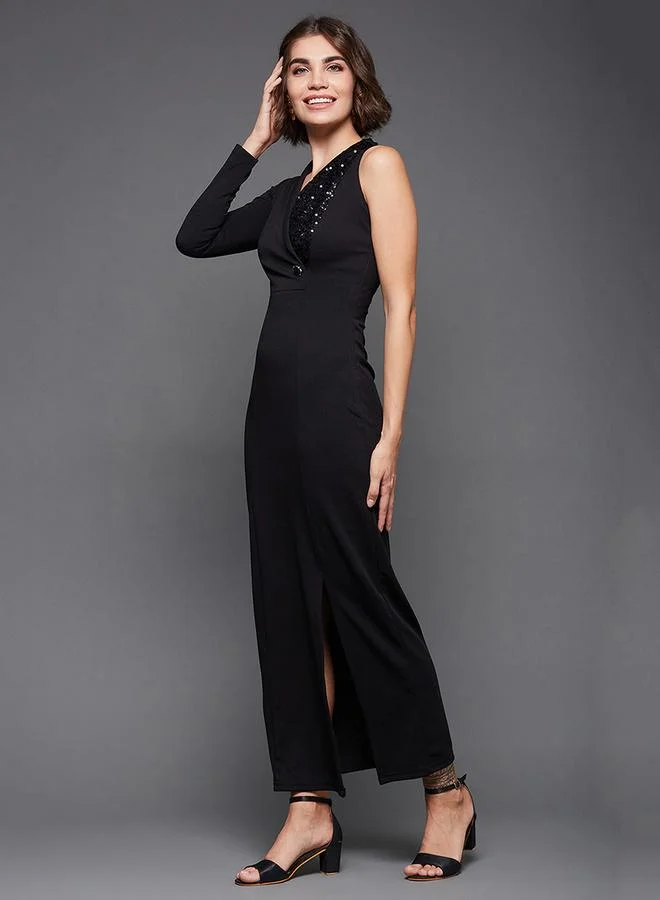 Miss Chase Sequin Detail One Sleeves Side Slit Maxi Dress by Styli