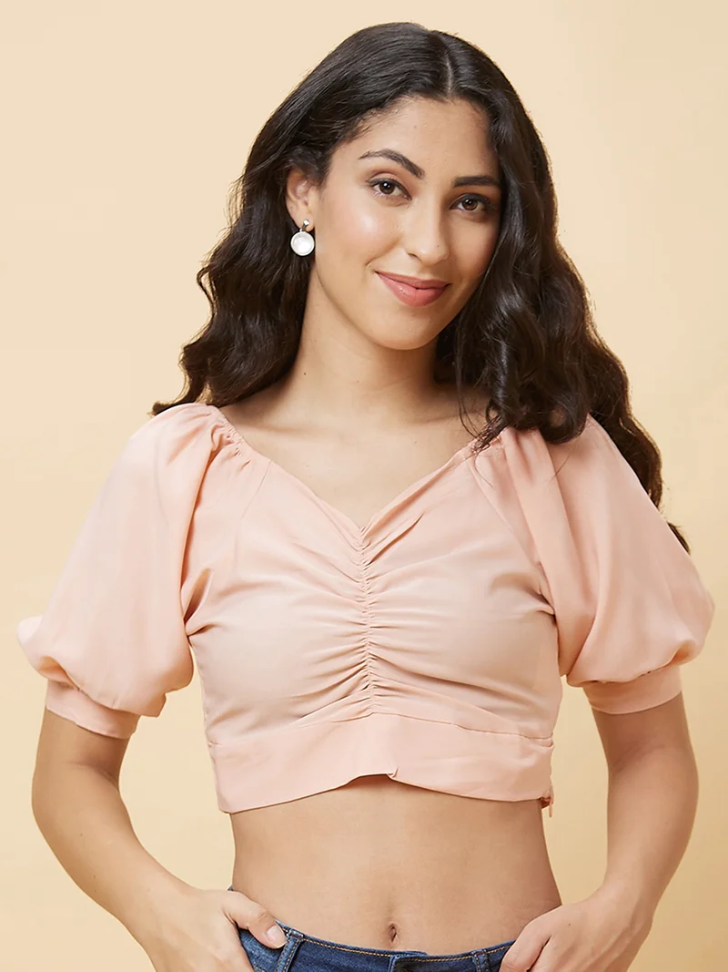 globus Women V-Neck Gathered Or Pleated Puff Sleeve Crop Top