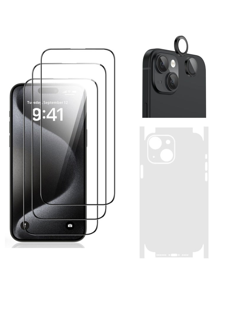 DIGI CORE iPhone 15 Plus Screen Protector 3 Pack 6.7 Inch 2.5D Curved Edges With iPhone 15 Plus Camera Lens Protector And Anti-Scratch iPhone Back PVC Clear Sheet Set (Black, iPhone 15 Plus) - Image 1