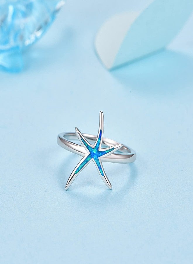 Cuoka Starfish Rings for Women, 925 Sterling Silver with Blue Opal Promise Hawaiian Beach Nautical Ocean Statement Fidget Ring Jewelry Birthday For Friend Wife - Image 2