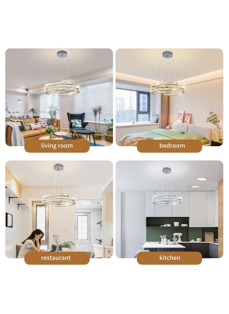 Ganeed Modern Dimmable Crystal Chandeliers, 3 Rings LED Pendant Light Fixture Adjustable Ceiling Hanging Light for Living Dining Room Kitchen Bedroom Porch with Remote (Variable Light/Dia 19.7 in) 48W  - Image 2