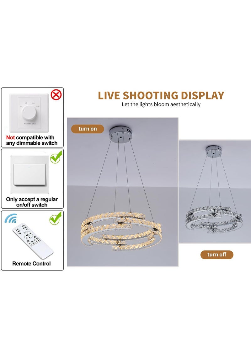 Ganeed Modern Dimmable Crystal Chandeliers, 3 Rings LED Pendant Light Fixture Adjustable Ceiling Hanging Light for Living Dining Room Kitchen Bedroom Porch with Remote (Variable Light/Dia 19.7 in) 48W  - Image 4