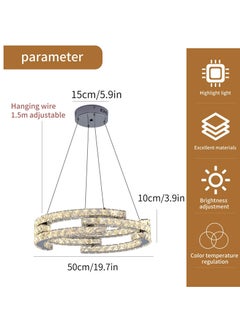 Ganeed Modern Dimmable Crystal Chandeliers, 3 Rings LED Pendant Light Fixture Adjustable Ceiling Hanging Light for Living Dining Room Kitchen Bedroom Porch with Remote (Variable Light/Dia 19.7 in) 48W  - Image 3