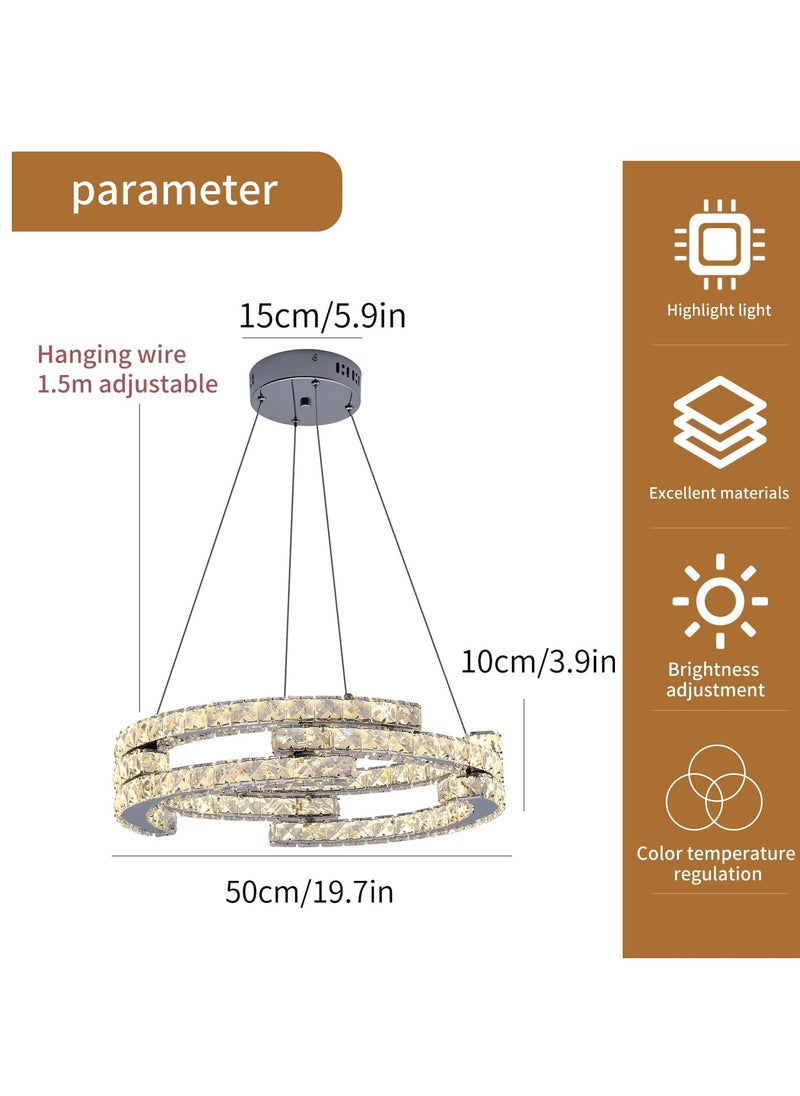 Ganeed Modern Dimmable Crystal Chandeliers, 3 Rings LED Pendant Light Fixture Adjustable Ceiling Hanging Light for Living Dining Room Kitchen Bedroom Porch with Remote (Variable Light/Dia 19.7 in) 48W  - Image 3