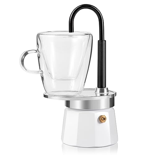 MVPLUE-Mini Express Swiss Single Tube Moka Pot Aluminum Ivory white，Moka Set includes One Double Wall 3oz Cup,Enjoy delicious coffee in no time - Image 1