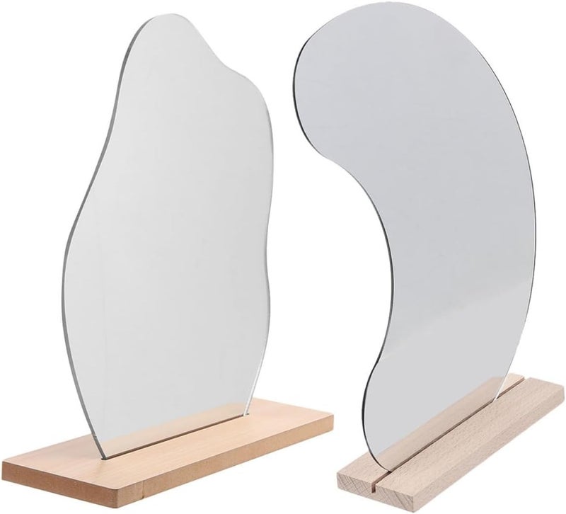Ipetboom 2pcs Frameless Acrylic Vanity Desk Mirrors with Wooden Base Decorative Standing Makeup Mirrors for Bedroom Tabletop - Image 1