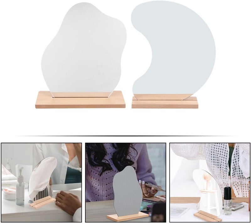 Ipetboom 2pcs Frameless Acrylic Vanity Desk Mirrors with Wooden Base Decorative Standing Makeup Mirrors for Bedroom Tabletop - Image 3
