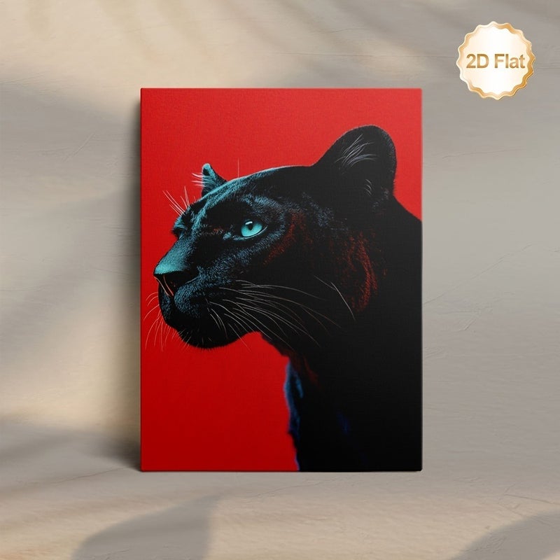 Modern Black Panther Framed Canvas Wall Art, Red Background - Image 1
