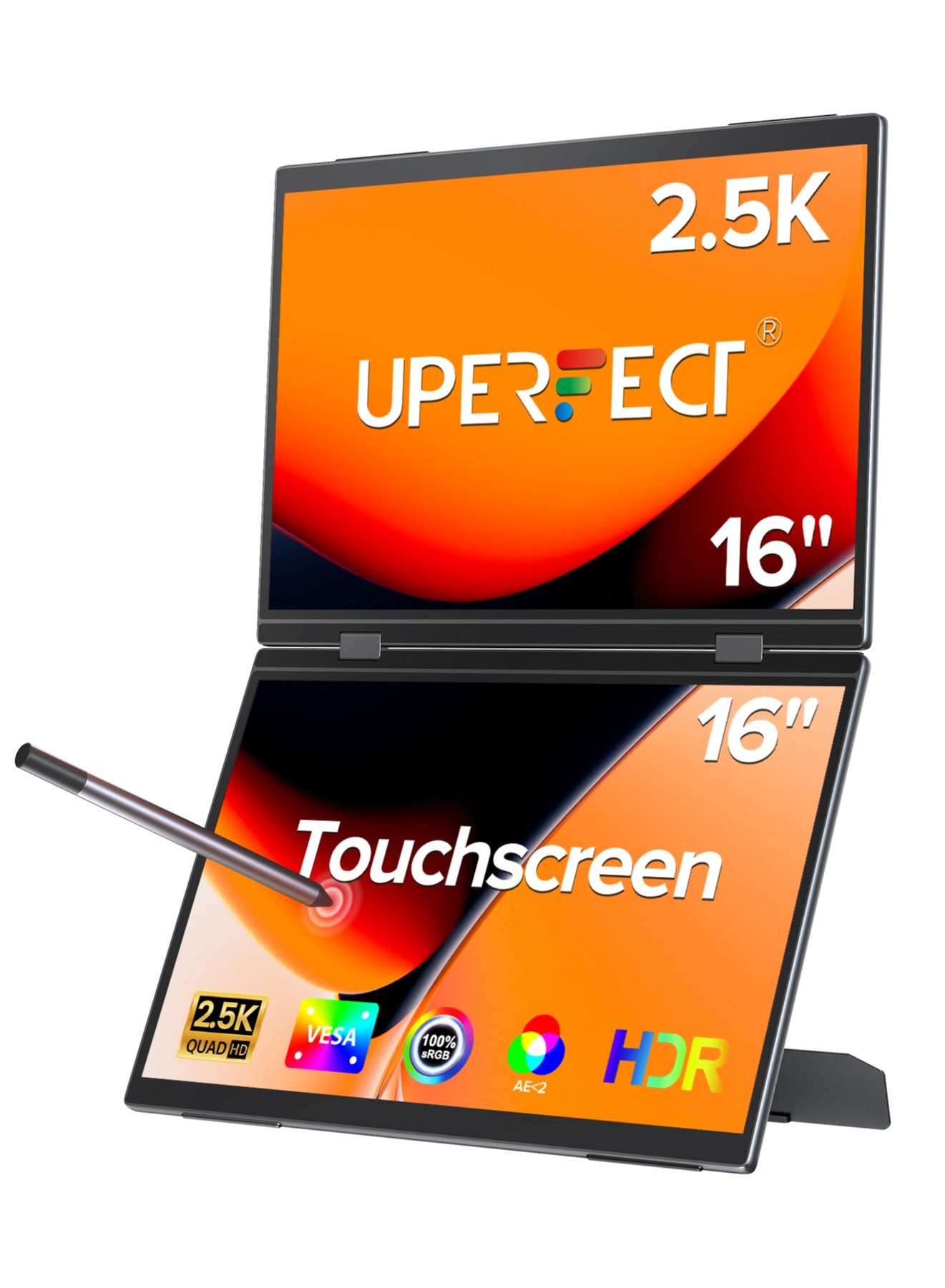 UPERFECT Portable Monitor 16 Inch Dual Monitor 2560*1600P QHD 60 Hz QLED USB C & Mini HDMI Port Second Screen for Laptop/Phone/Game Console