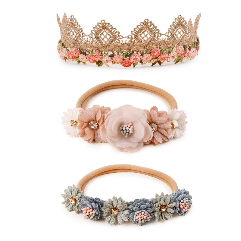BFNAAgirl Baby Girl Floral Headband Nylon Flower Crown Elastic Hairband 3pcs Hair Accessories Gift for Girls (9572) - Image 1