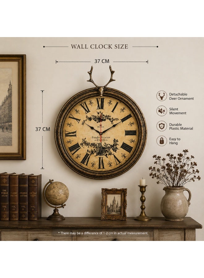 Vintage Roman Numeral Wall Clock With Detachable Deer Ornament, 37 X 37 Cm, Plastic - Image 3
