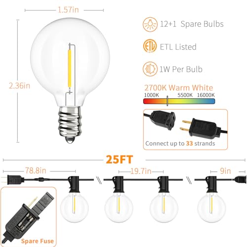 Svater Outdoor String Lights LED 25 FT, Patio Globe Lights with 13 Plastic G40 Bulbs, Waterproof Dimmable Outside Hanging Light for Backyard Bistro Cafe Porch Party Decor, 2700K Warm White - Image 2
