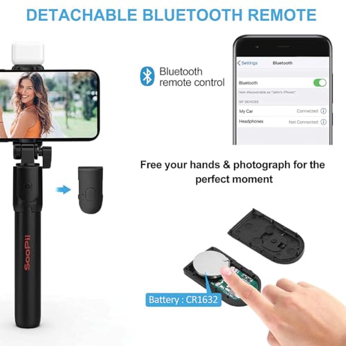 SooPii Selfie Stick Tripod with Fill Light, 7.5-28inch Phone Tripod Stand with Wireless Remote, 3 in 1 Multifunctional Extendable Selfie Stand, Gimbal Mobile Stick Perfect for Selfies/Live Streaming - Image 4