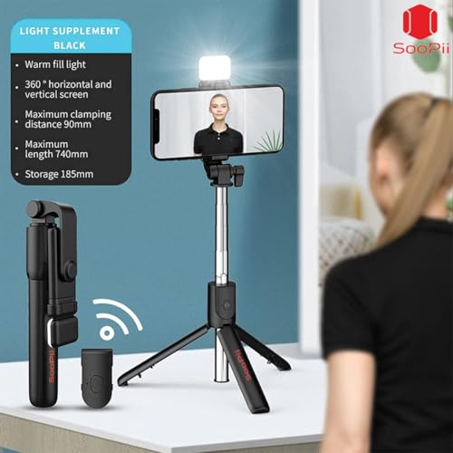 SooPii Selfie Stick Tripod with Fill Light, 7.5-28inch Phone Tripod Stand with Wireless Remote, 3 in 1 Multifunctional Extendable Selfie Stand, Gimbal Mobile Stick Perfect for Selfies/Live Streaming - Image 2