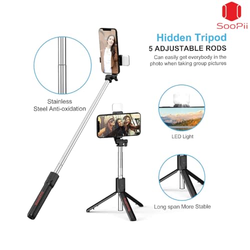 SooPii Selfie Stick Tripod with Fill Light, 7.5-28inch Phone Tripod Stand with Wireless Remote, 3 in 1 Multifunctional Extendable Selfie Stand, Gimbal Mobile Stick Perfect for Selfies/Live Streaming - Image 3