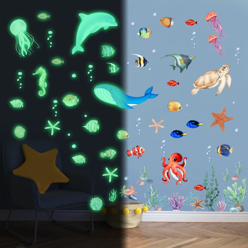 Robmoda Sea Turtle Ocean Fish Wall Decals Glow in The Dark  Under The Sea Life Animals Stickers for Ceiling  Girls Boys Waterproof Decoration for Living Room Wall Bathroom Toilet - Image 2