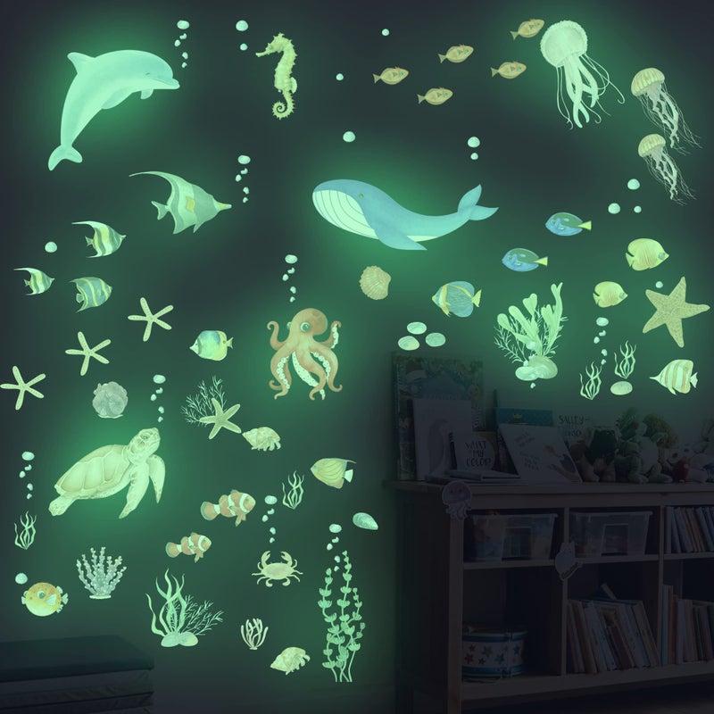 Robmoda Sea Turtle Ocean Fish Wall Decals Glow in The Dark  Under The Sea Life Animals Stickers for Ceiling  Girls Boys Waterproof Decoration for Living Room Wall Bathroom Toilet - Image 4