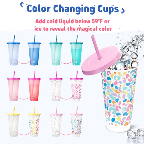 Meoky Plastic Cups with Lids and Straws - 6 Pack 24 oz Color Changing Cups, Iced Coffee Cups, Reusable Tumblers Bulk for Party, Car, Adults, Women, BPA-free (Solid & Patterned) - Image 2
