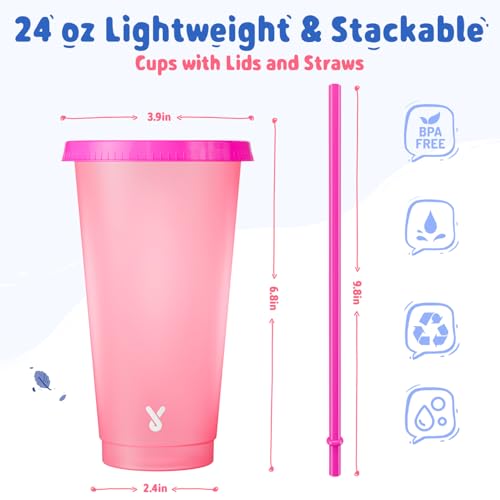 Meoky Plastic Cups with Lids and Straws - 6 Pack 24 oz Color Changing Cups, Iced Coffee Cups, Reusable Tumblers Bulk for Party, Car, Adults, Women, BPA-free (Solid & Patterned) - Image 3