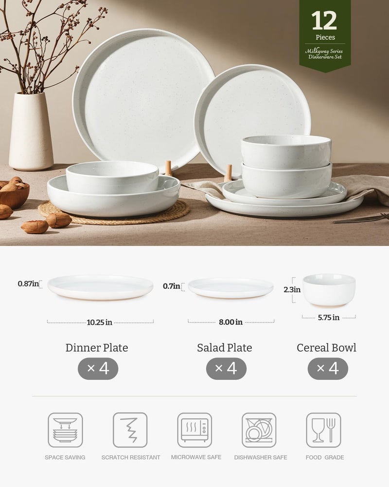 Famiware Milkyway Plates and Bowls Set, 12 Pieces Dinnerware Sets, Dishes Set for 4, White - Image 2