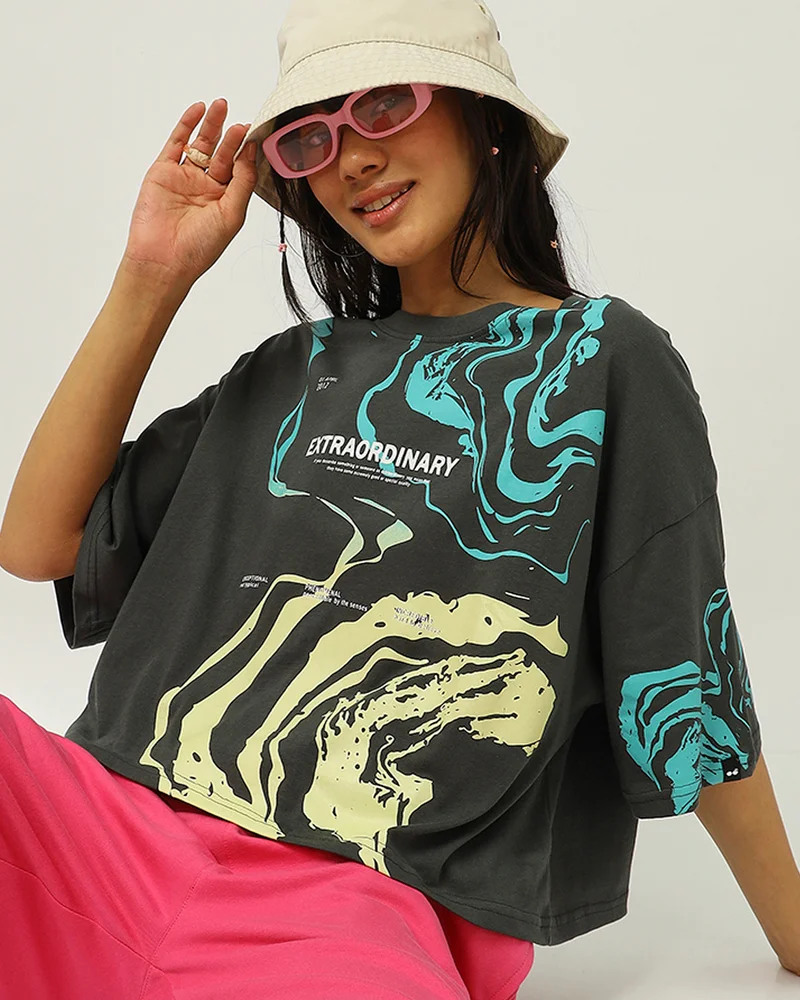 bewakoof Women's Grey Neeru Graphic Printed Oversized Short Top