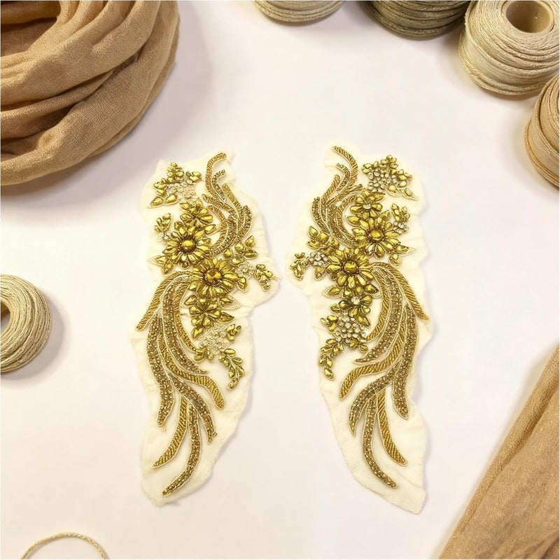 2 Pcs Beaded Crystal Patches, 13.8 in Golden Rhinestone Art Appliques for Bridal Dress, Embroidery Lace DIY for Evening Gown - Image 3