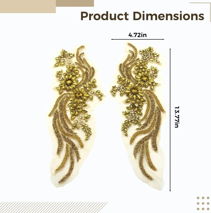 2 Pcs Beaded Crystal Patches, 13.8 in Golden Rhinestone Art Appliques for Bridal Dress, Embroidery Lace DIY for Evening Gown - Image 2