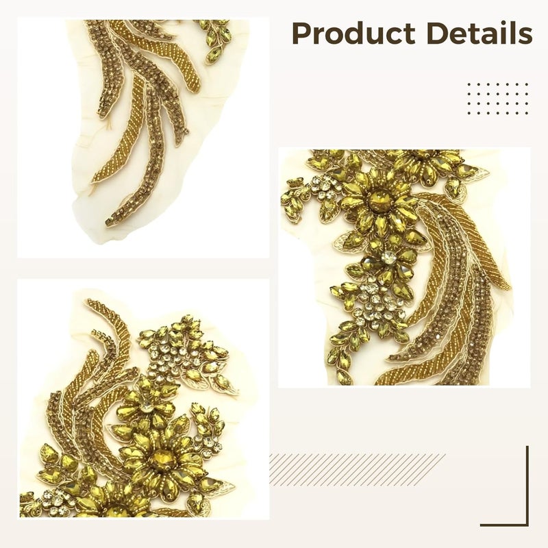 2 Pcs Beaded Crystal Patches, 13.8 in Golden Rhinestone Art Appliques for Bridal Dress, Embroidery Lace DIY for Evening Gown - Image 5