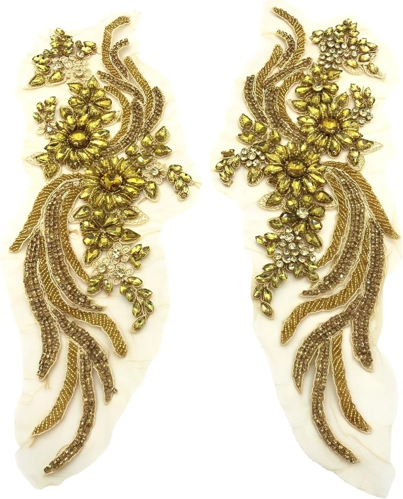 2 Pcs Beaded Crystal Patches, 13.8 in Golden Rhinestone Art Appliques for Bridal Dress, Embroidery Lace DIY for Evening Gown - Image 1