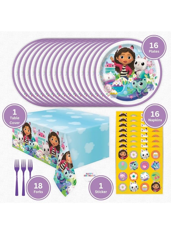 Unique Gabby's Dollhouse Party Supplies Pack for 16 Guests - Gabby Dollhouse Plates and Napkins, Table Cover, Forks, Sticker, Gabbys Doll House Birthday Party Decorations, Officially Licensed - Image 5