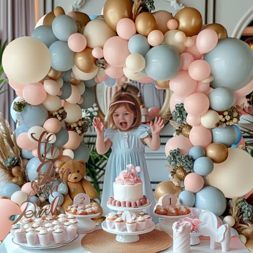 Blocesa Gender Reveal Balloon Arch Kit, 144PCS Dusty Pink and Blue Balloons Chrome Gold Sand White Balloons for Gender Reveal Boho Bachelorette Birthday Wedding Bridal Bear Theme Decorations - Image 4