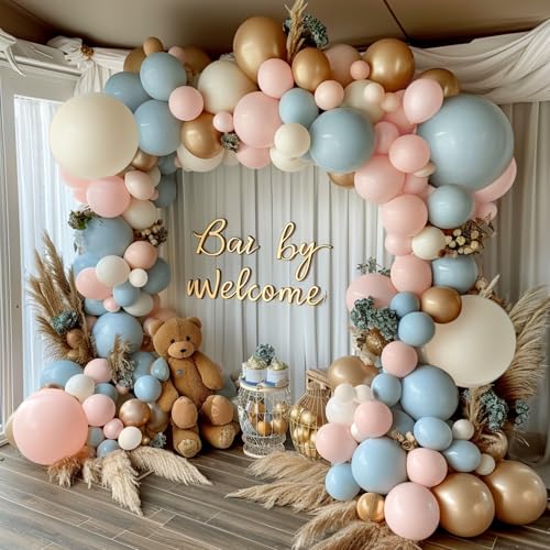 Blocesa Gender Reveal Balloon Arch Kit, 144PCS Dusty Pink and Blue Balloons Chrome Gold Sand White Balloons for Gender Reveal Boho Bachelorette Birthday Wedding Bridal Bear Theme Decorations - Image 1