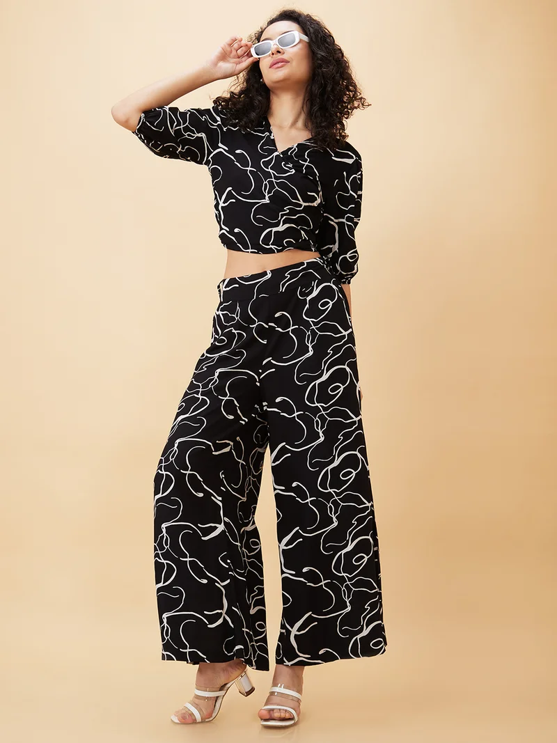globus Globus Women Abstract Print Wrap Tie-Back Crop Top & Flared Palazzos Co-Ord Set