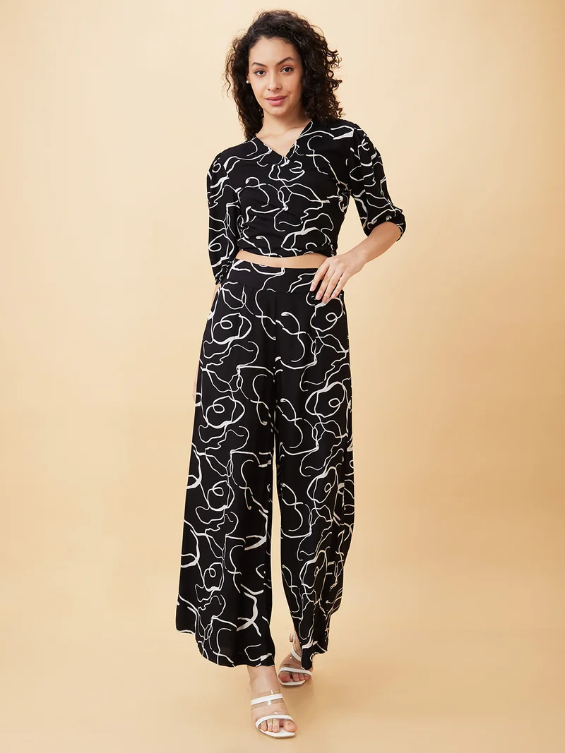 globus Globus Women Abstract Print Wrap Tie-Back Crop Top & Flared Palazzos Co-Ord Set