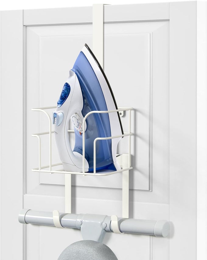 OVER THE DOORWALL MOUNT IRONING BOARD HANGER LAUNDRY ROOM IRON AND IRONING BOARD CADDY STORAGE HOLDER BLACK WHITE