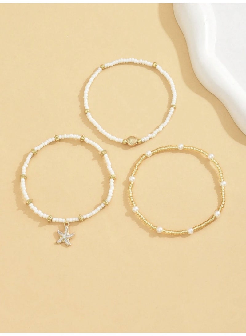 VEYA 3-PIECE ANKLET SET WITH WHITE PEARL BEADS & GOLDEN STAR CHARM - MULTICOLOR - Image 2