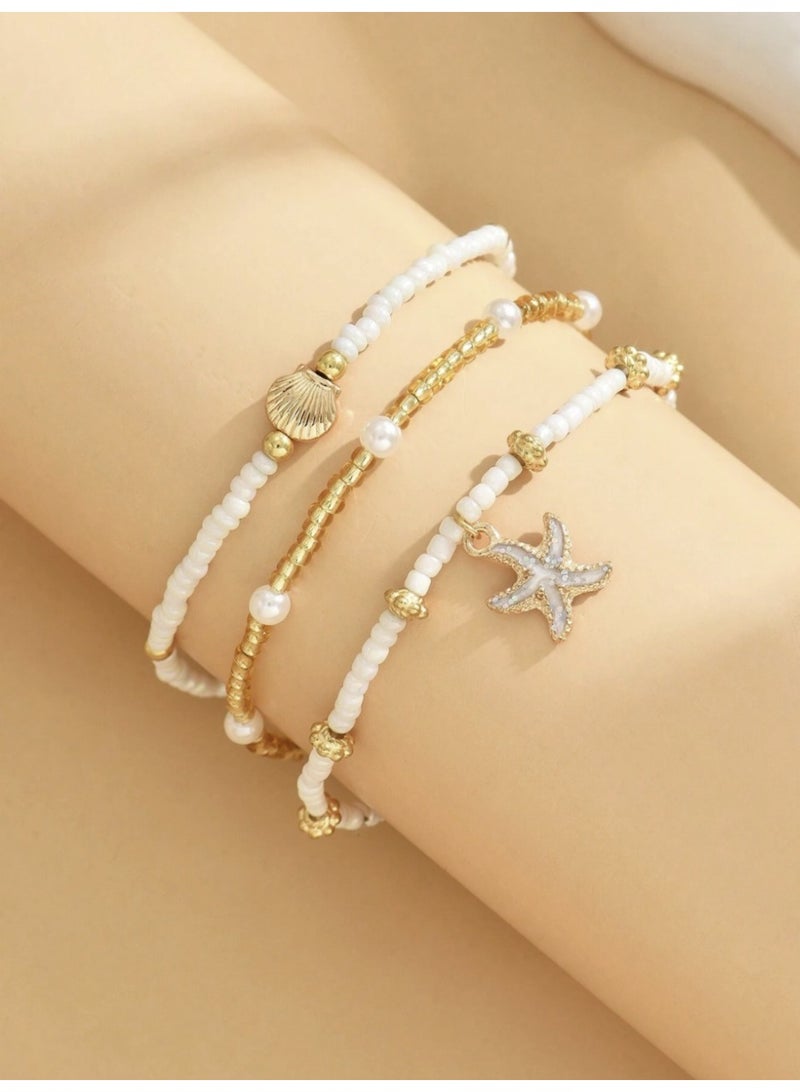 VEYA 3-PIECE ANKLET SET WITH WHITE PEARL BEADS & GOLDEN STAR CHARM - MULTICOLOR - Image 3