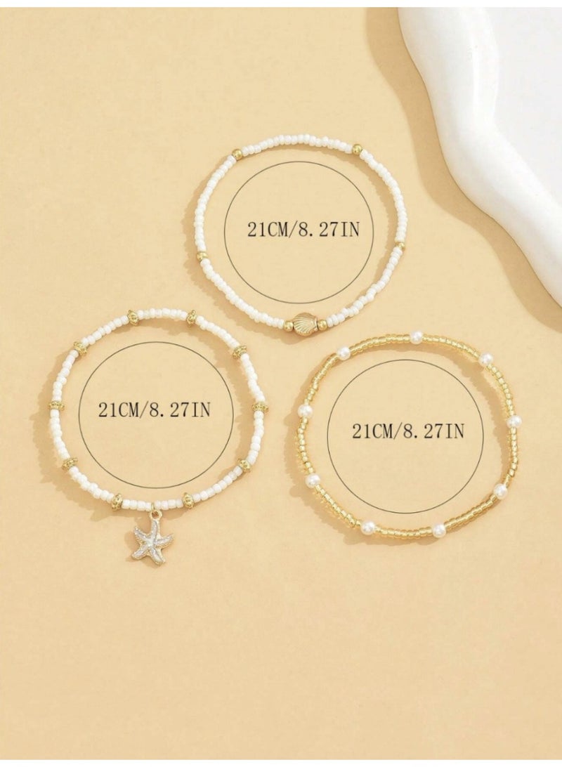 VEYA 3-PIECE ANKLET SET WITH WHITE PEARL BEADS & GOLDEN STAR CHARM - MULTICOLOR - Image 4