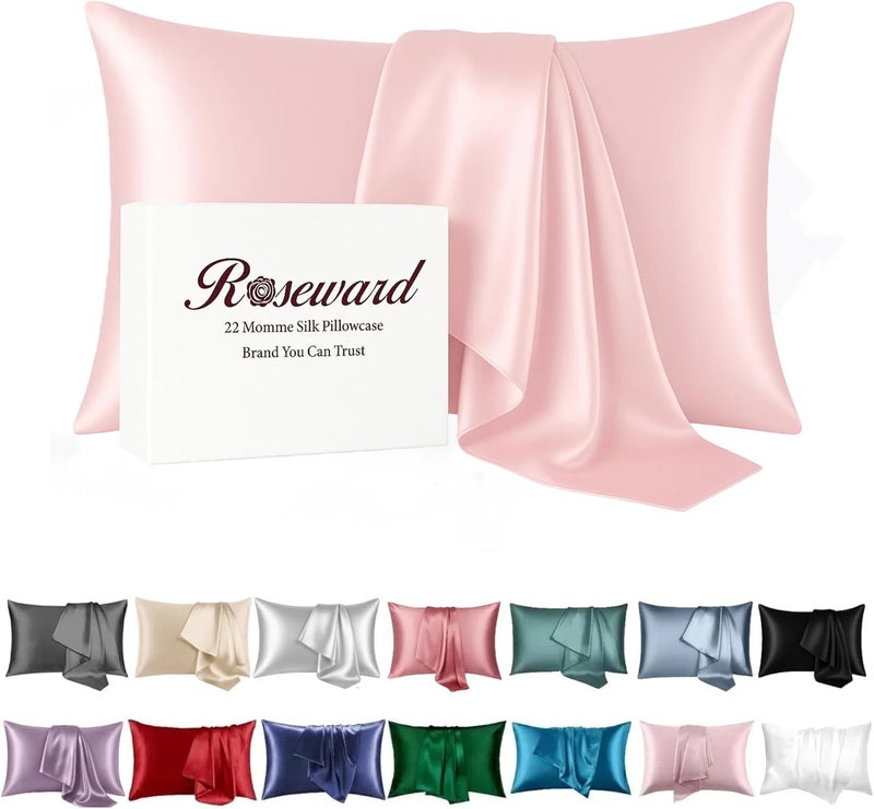 ROSEWARD Oeko-TEX Certified Pink Silk Pillowcase for Sleeping Women Made in USA, 22 Momme Real Mulberry Silk Pillow Cases with Zipper, 6A Grade 100% Organic, Beauty Boost, 1 Pc 20"x26" (Standard, Pink) - Image 1