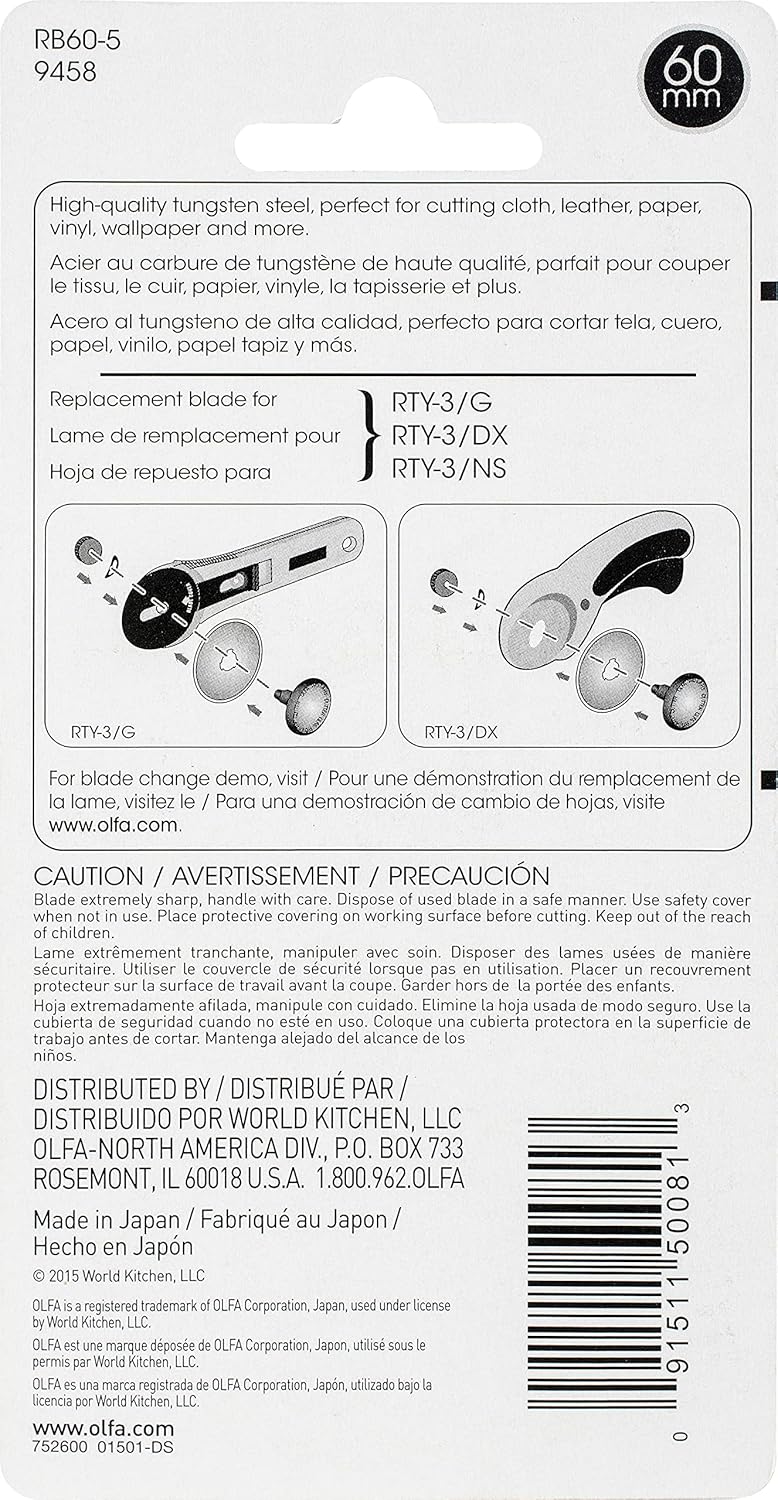 OLFA 60mm Rotary Cutter Replacement Blades, 5 Blades (RB60-5) - Tungsten Steel Circular Rotary Fabric Cutter Blade for Crafts, Sewing, Quilting, Fits Most 60mm Rotary Cutters - Image 3