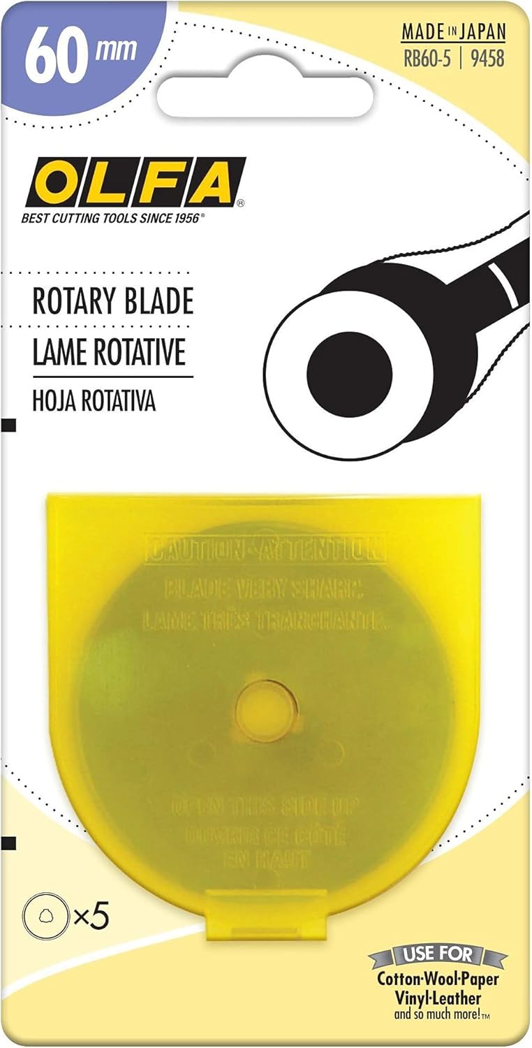 OLFA 60mm Rotary Cutter Replacement Blades, 5 Blades (RB60-5) - Tungsten Steel Circular Rotary Fabric Cutter Blade for Crafts, Sewing, Quilting, Fits Most 60mm Rotary Cutters - Image 1
