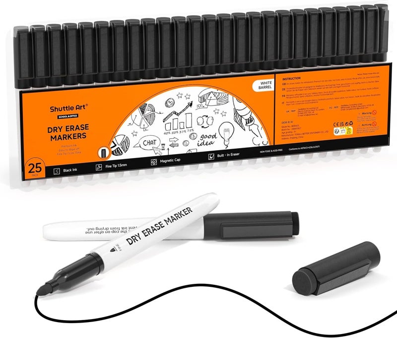 Shuttle Art Dry Erase Markers, 25 Pack Black Magnetic Whiteboard Markers with Erase, Fine Point Dry Erase Markers Perfect for Writing on Dry-Erase Whiteboards Mirrors Glasses for School Office Home - Image 1