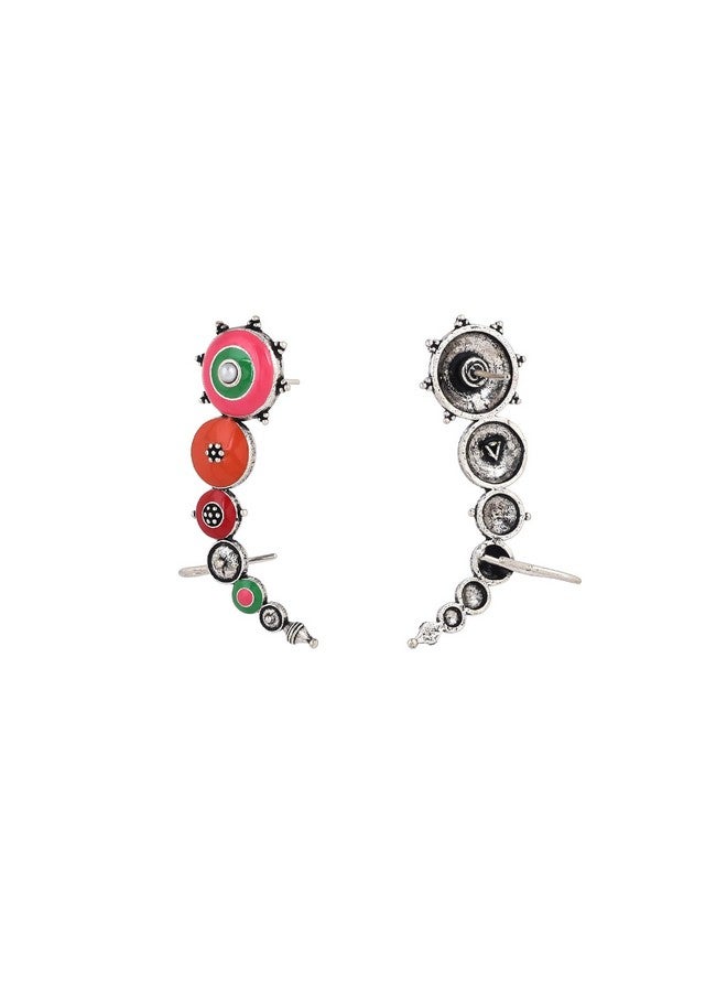 VOYLLA Folklore Enamelled Multicolored Silver Plated Cuff Earrings|Oxidised Earrings For Women|EveryDay|Festive|Wedding|Gift For Women| - Image 5