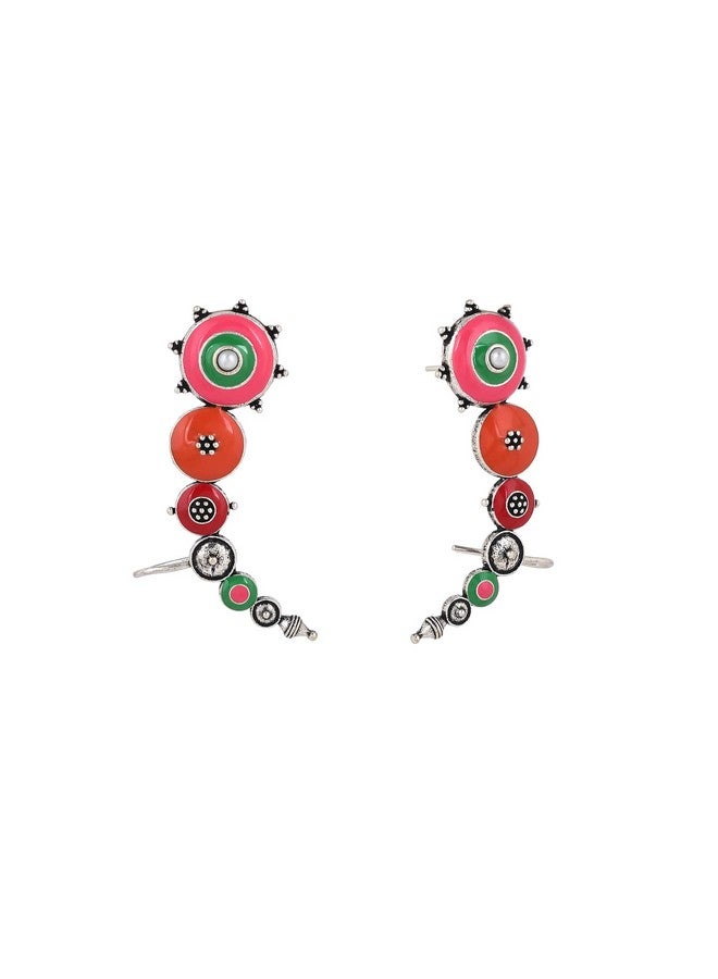 VOYLLA Folklore Enamelled Multicolored Silver Plated Cuff Earrings|Oxidised Earrings For Women|EveryDay|Festive|Wedding|Gift For Women| - Image 4