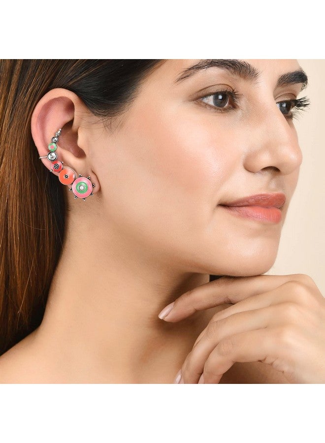 VOYLLA Folklore Enamelled Multicolored Silver Plated Cuff Earrings|Oxidised Earrings For Women|EveryDay|Festive|Wedding|Gift For Women| - Image 3