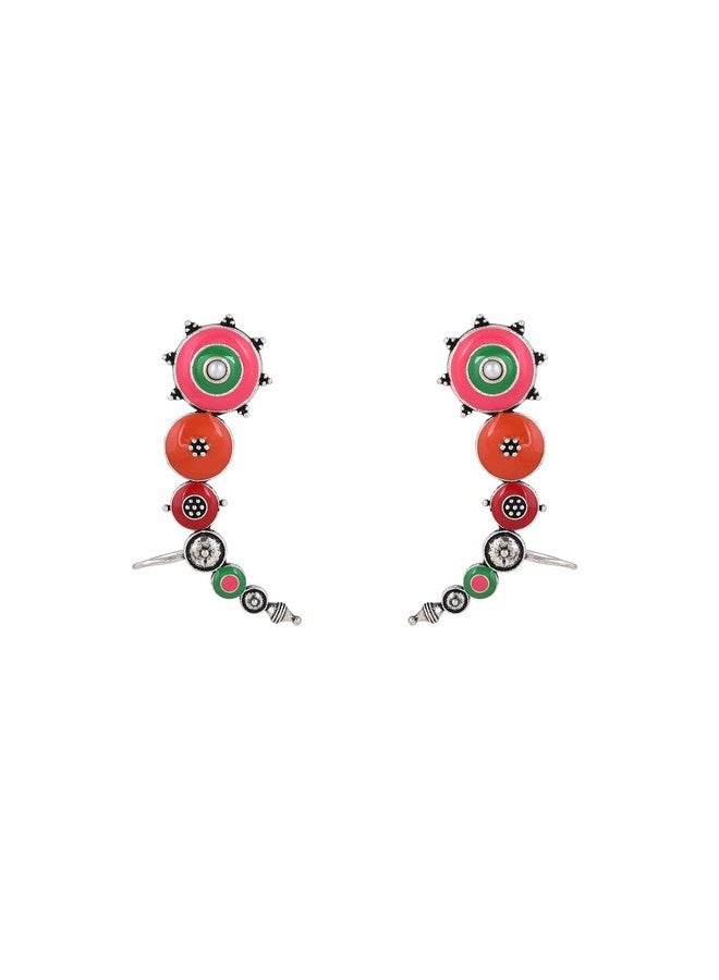 VOYLLA Folklore Enamelled Multicolored Silver Plated Cuff Earrings|Oxidised Earrings For Women|EveryDay|Festive|Wedding|Gift For Women| - Image 1