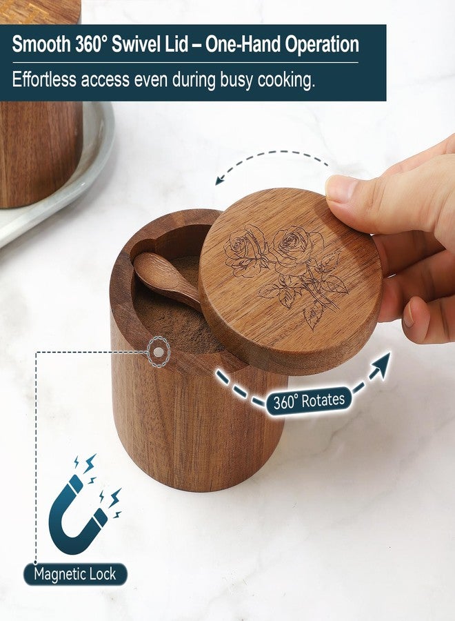 Timtopno Salt Cellar, 2PCS Salt Container Acacia Wood Salt and Pepper Box for Countertop with Built-in Spoon & Swivel Lid, Wood Salt Holder Bowl for Kitchen, Seasoning Storage (Rose & SALT Engraving) - Image 4