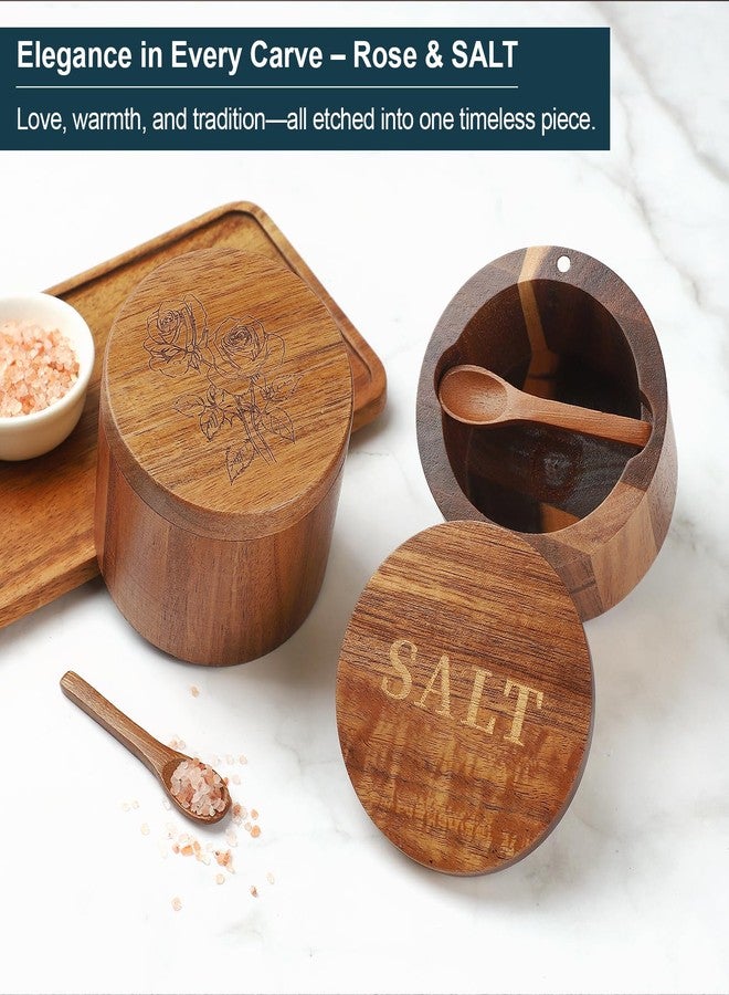 Timtopno Salt Cellar, 2PCS Salt Container Acacia Wood Salt and Pepper Box for Countertop with Built-in Spoon & Swivel Lid, Wood Salt Holder Bowl for Kitchen, Seasoning Storage (Rose & SALT Engraving) - Image 2