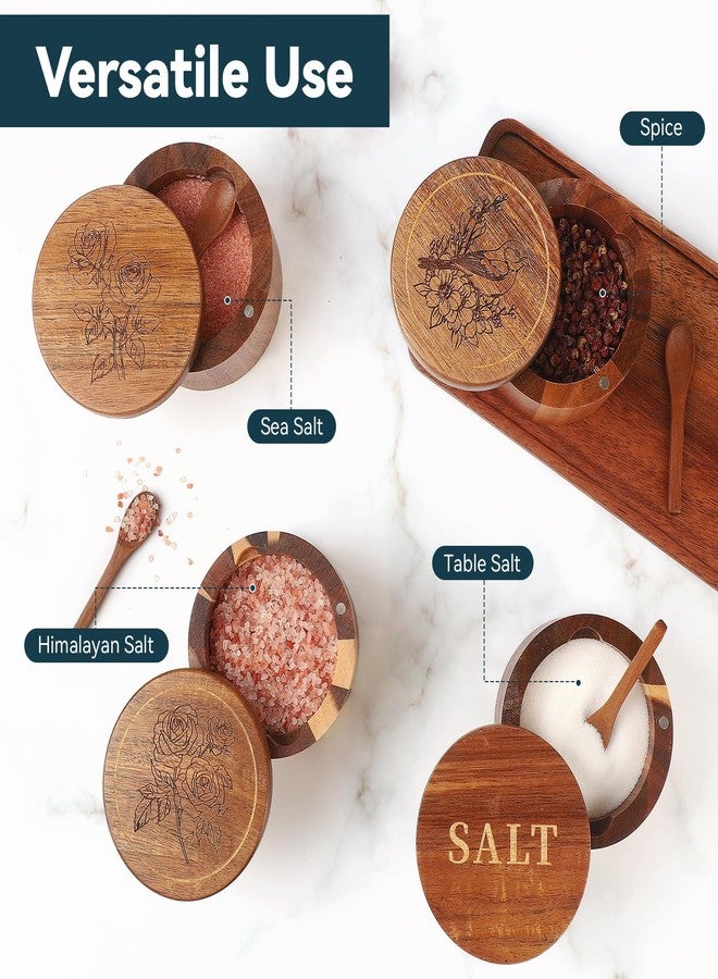 Timtopno Salt Cellar, 2PCS Salt Container Acacia Wood Salt and Pepper Box for Countertop with Built-in Spoon & Swivel Lid, Wood Salt Holder Bowl for Kitchen, Seasoning Storage (Rose & SALT Engraving) - Image 5
