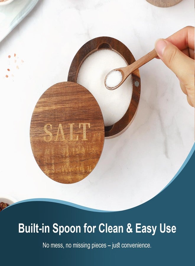 Timtopno Salt Cellar, 2PCS Salt Container Acacia Wood Salt and Pepper Box for Countertop with Built-in Spoon & Swivel Lid, Wood Salt Holder Bowl for Kitchen, Seasoning Storage (Rose & SALT Engraving) - Image 3